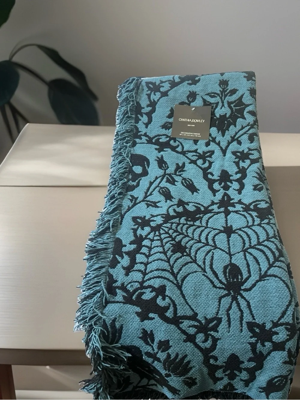 Cynthia Rowley Throw Blanket 50x70 Teal  Damask Spider Skull Raven Halloween
